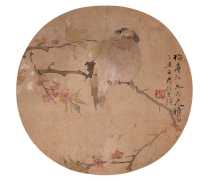 任伯年 丁丑（1877年）作 桃花小鸟图 团扇面